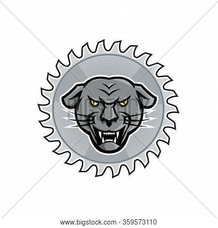 Mascot Icon Style Illustration Of An Angry Melanistic Leopard Set Inside Circular Saw Blade On Isola