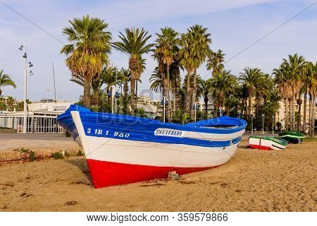 Salou Town, Spain - January 3, 2020: Colorful Fishing Boats On The Beach In Salou Town. Salou Is A P