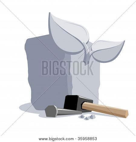 회색 돌에 새겨진 꽃