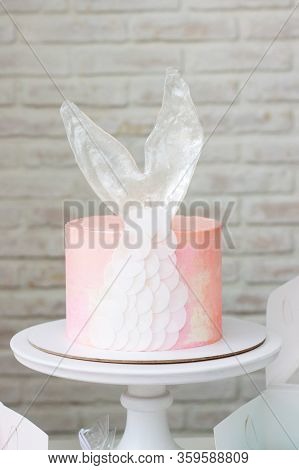 Mermaid Theme Candy Bar With Cake, Cupcakes, Macaroons And Biscuits. Sea Shell Shaped Macaroons With