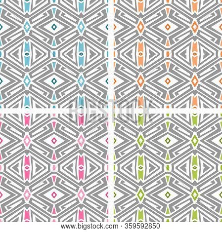 Set Of Four Seamless Geometric Pattern Over White Background. Pastel Colored Tiling For Textile Desi