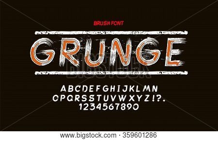 White Grunge Capital Handwritten Vector Alphabet On Black Background. Drawn By Semi-dry Brush With U