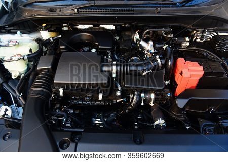 New Car Engine Detail / Close Up Of Machine Eco Car Engine Motor Checking And Cleaning For Deliver C