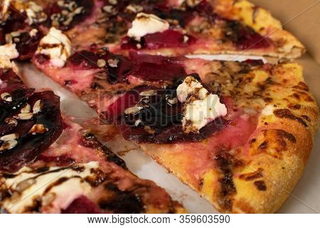 Egetarian Beetroot Pizza With Cheese, Sliced Pickled Beet, Nuts