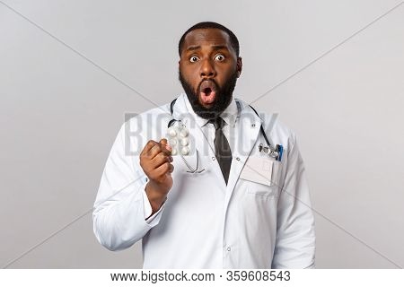 Flu, Disease, Healthcare And Medicine Concept. Shocked African-american Doctor Realise Patient Took 