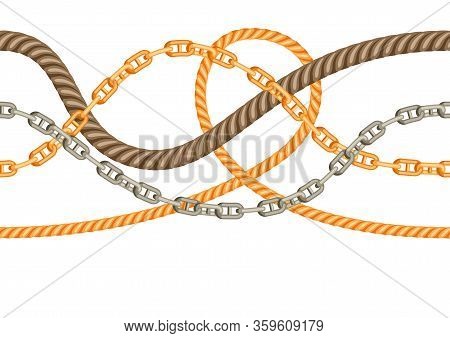 Seamless Pattern With Old Chains And Ropes. Nautical Chain And String Decorative Background.
