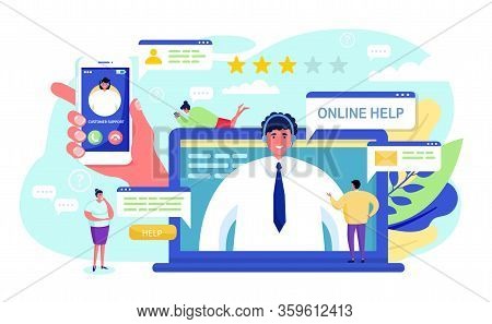 Customer Support Vector Illustration. Cartoon Flat Tiny Client People Call Operator Character In Sup