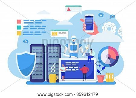 Data Center Vector Illustration. Cartoon Tiny People Work With Hosting Database Servers, Flat Techni