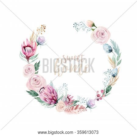 Vector Watercolor Flowers Wreath Frame. Psring Decoration With Protea Ans Cotton. Wedding Decoration