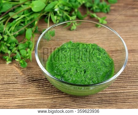Mixed And Fresh Chickweed, Stellaria Media, Wild Herb. Common Chickweed  In A Bowl Ready For Eating 