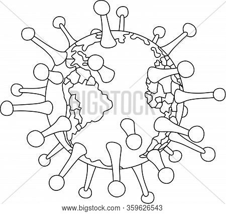 Global Virus Pandemic Disease All Over The Planet, Black And White Vector Cartoon Illustration