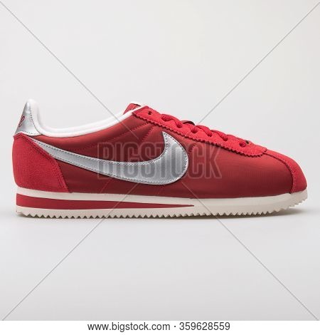 Vienna, Austria - August 6, 2017: Nike Classic Cortez Nylon Premium Red And Metallic Silver Sneaker 