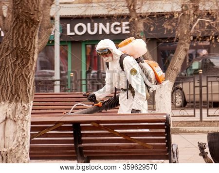 Karaganda, Kazakhstan - 3nd April, 2020 - Meticulous Disinfection And Decontamination On The Streets