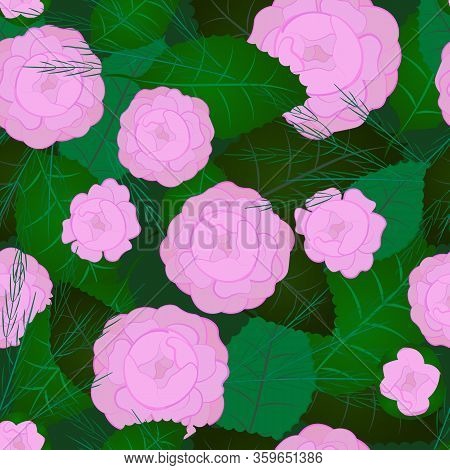 Floral Seamless Pattern Of Pink Delicate Roses. Background For Fabric, Print Wallpaper And Pattern F