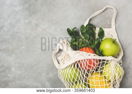 Zero Waste Shopping Bag With Fresh Organic Fruits And Salad. Copy Space. Environmentaly Friendly Eco