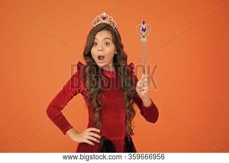 Magic Trick. Magic Stick Concept. Cute Kid Doing Magic. Amazing Miracles. Little Child Long Hair Bea