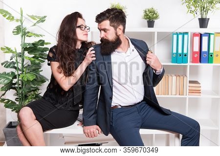 Love Inspire. Sexy Woman Hug Businessman. Love Affair At Workplace. Couple In Love. Boss And Secreta