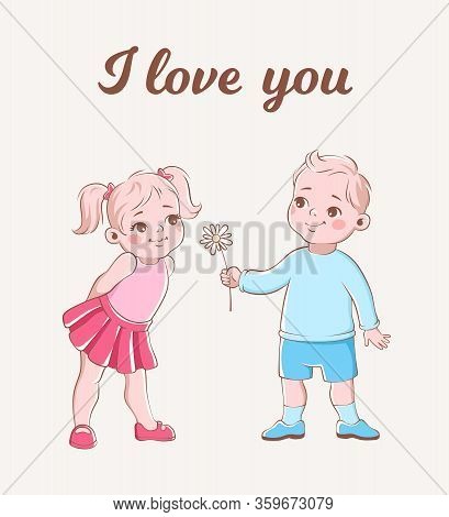 Girl And Boy Romantic Card. Cartoon Cute Kids With Flowers In Love On Date. Great Relationship Vecto