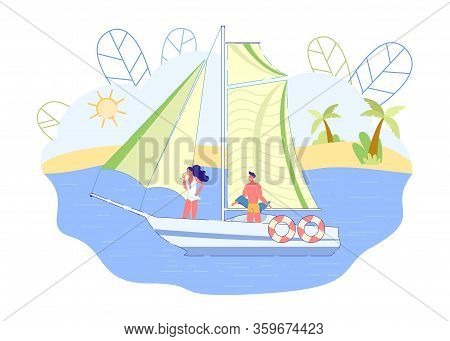 Couple Sailing And Drinking Champagne, Slide. Yacht Is Sailing, Guy And Girl Are Standing Deck. Man 