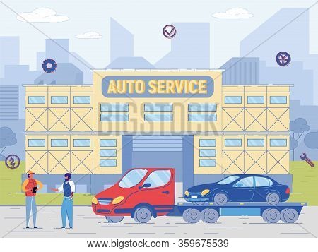 Tow Track With Car Near Auto Service Building. Broken Car Owner Talk To Mechanic Repairman. Automobi