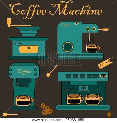 Coffee Machine Set Icon, Flat In Color, Isolated Background. Vector Eps 10