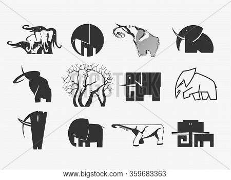 Stock Vector Illustration Set Of Elephant Icons. Different Styles Of Logos.