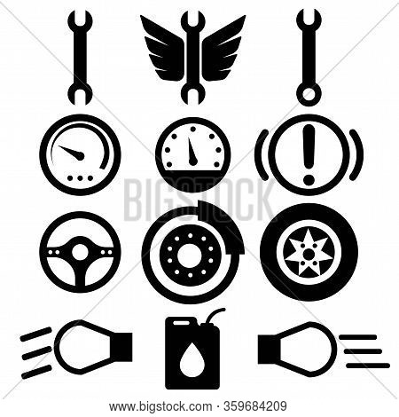 Car Icon With Basic Car Symbols: Car Repair, Key, Speed Steering, Wheel, Car Service In Black Color 