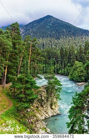 Bolshoy Zelenchuk River In The Caucasus Mountains On A Summer Day