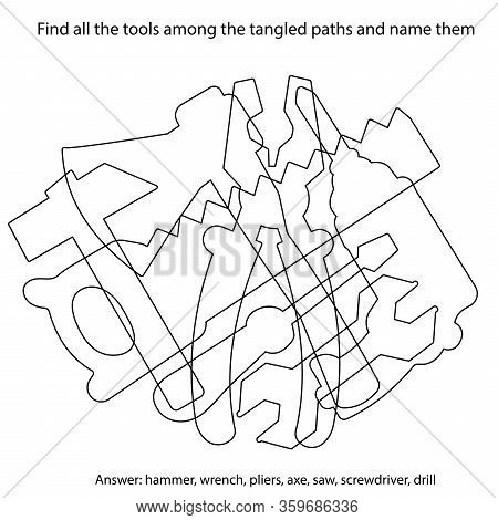 Puzzle Game For Kids. Find All The Tools Among The Tangled Paths. Coloring Book For Children.