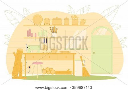 Workshop For Making Wooden Dishes Flat Cartoon Vector Illustration. Family Production Or Manufacturi