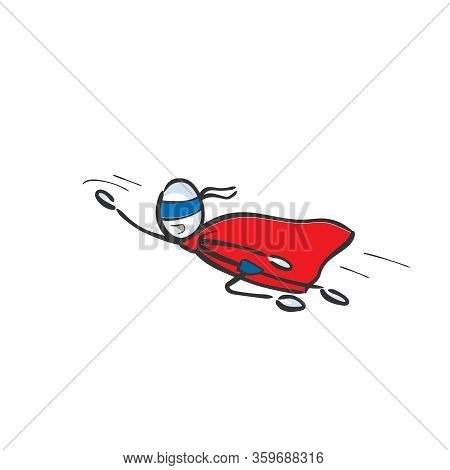 Super Hero Flying To Rescue. Red Cape. Hand Drawn. Stickman Cartoon. Doodle Sketch, Vector Graphic I