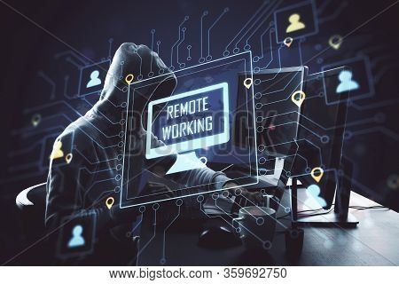 Hacker Using Computer With Glowing Distant Coworking Remote Work Interface. Remote Access Chain Comm