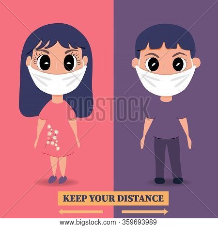 Boy And Girl In Medical Mask Graphic Design Vector Illustration. Coronavirus Concept Keep Your Dista