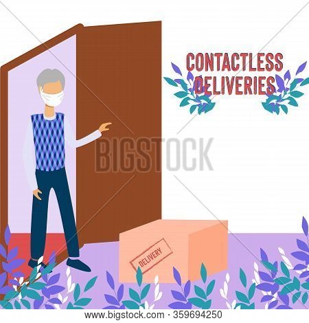 Contactless Deliveries Service For The Elderly Vector Illustration. Flat Tiny Shipping Box Persons C