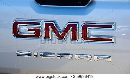 Montreal, Canada - April 4, 2020: Gmc Sierra Writing On Car Close-up. Gmc General Motors Company Is 