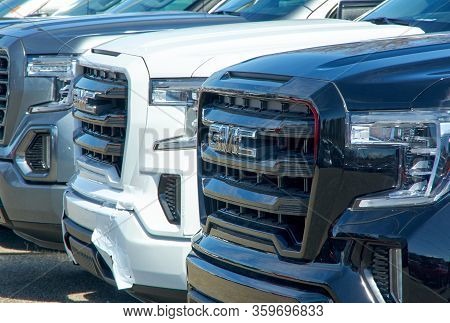 Montreal, Canada - April 4, 2020: Gmc New 2020 Trucks In A Line At Dealership. Gmc General Motors Co