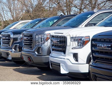 Montreal, Canada - April 4, 2020: Gmc New 2020 Trucks In A Line At Dealership. Gmc General Motors Co