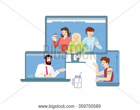 Self Isolation Or Quarantine Concept. People Stay At Home, Have Collective Virtual Meeting For Coron