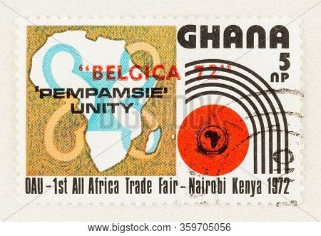 Seattle Washington - April 3, 2020: Close Up Of Ghana Stamp, Overprint With Belgica 72 And Pempamsie