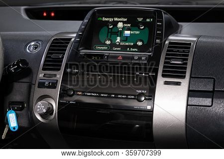 Novosibirsk, Russia - April 02, 2020:   Toyota Prius,   Close-up Of The Main Control Panel, Monitor 