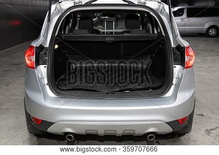 Novosibirsk, Russia - March 04, 2020:   Ford Kuga,   Close-up Of Large Empty Open Trunk, Front View.