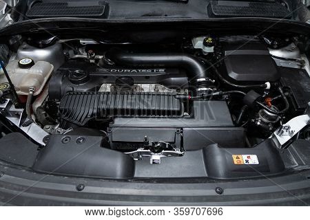 Novosibirsk, Russia - March 04, 2020:   Ford Kuga,  Close Up Detail Of  Car Engine, Front View. Inte