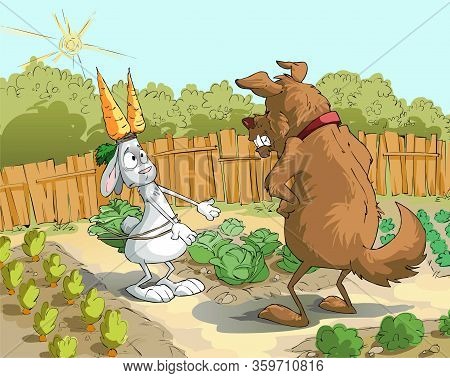 Caricature. The Guard Dog Caught The Rabbit Who Stole The Carrot