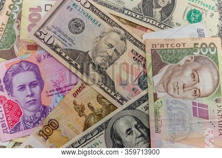 Multicurrency Background Of The Us Dollars, Russian Rubles And Ukrainian Hryvnias
