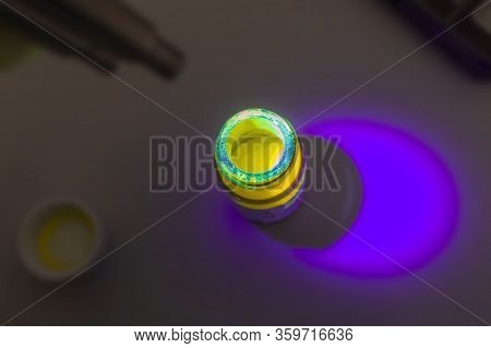 Photoluminescence Chemical Materials, Called Fluorescent. Powder Glows In The Dark Under Uv Light Ra