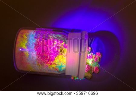Photoluminescence Chemical Materials, Called Fluorescent. Powder Glows In The Dark Under Uv Light Ra