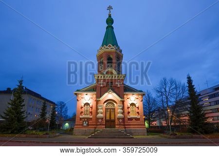Old St. Nicholas Cathedral In The October Twilight. Kuopio, Finland
