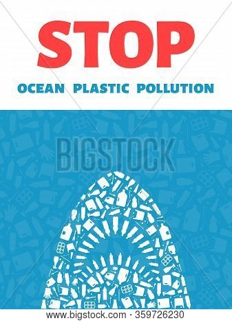 Stop Ocean Plastic Pollution Concept Vector Illustration. Killer Shark Outline Filled With Plastic W