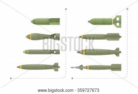A Set Of Aerial Bombs Is Isolated On A White Background. The Set Of Bombs Has Different Forms And Co