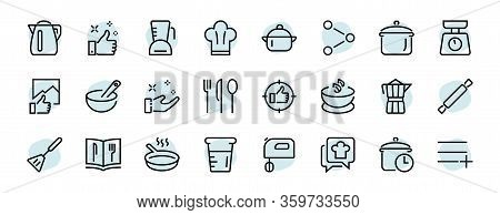 Set Of Icons For Cooking And Kitchen, Vector Lines, Contains Icons Such As A Knife, Saucepan, Boilin